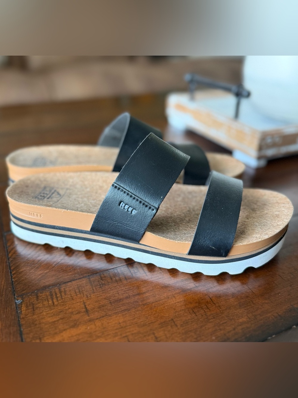 Reef Black Dual-Strap Slide Sandal with Tan Footbed